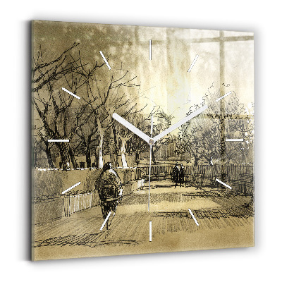 Square glass wall clock Park and trees in sepia