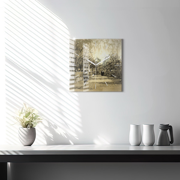 Square glass wall clock Park and trees in sepia