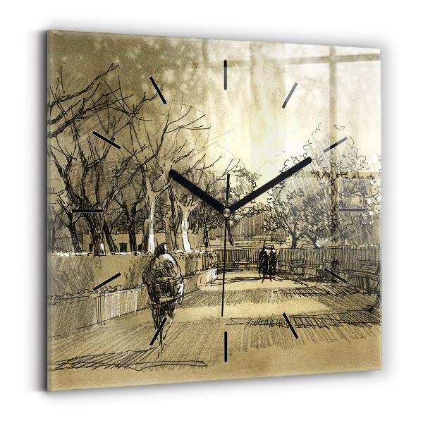 Square glass wall clock Park and trees in sepia