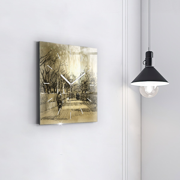 Square glass wall clock Park and trees in sepia