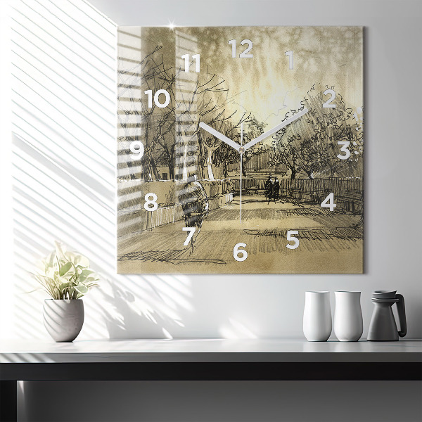 Square glass wall clock Park and trees in sepia