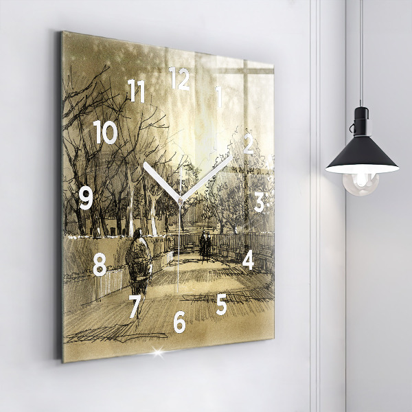 Square glass wall clock Park and trees in sepia