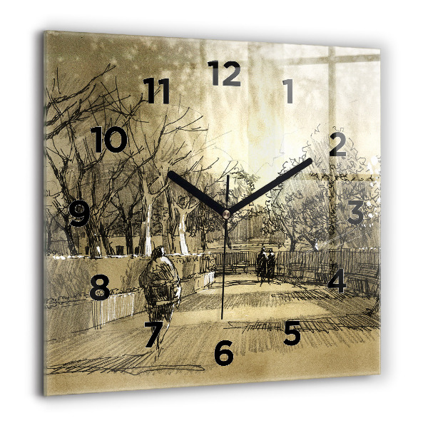 Square glass wall clock Park and trees in sepia