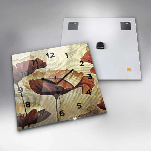 Square glass wall clock Painted poppies