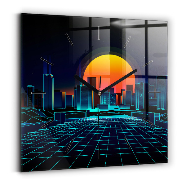 Square glass wall clock Cyberspace city