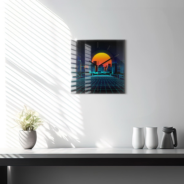 Square glass wall clock Cyberspace city
