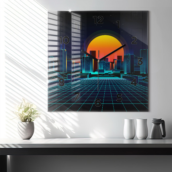 Square glass wall clock Cyberspace city