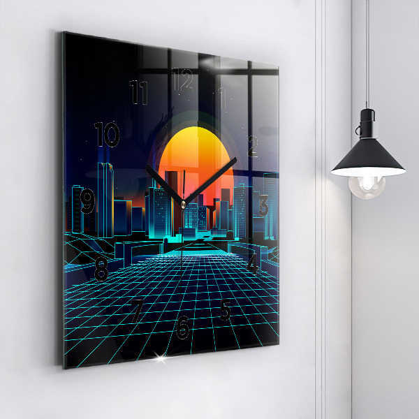 Square glass wall clock Cyberspace city