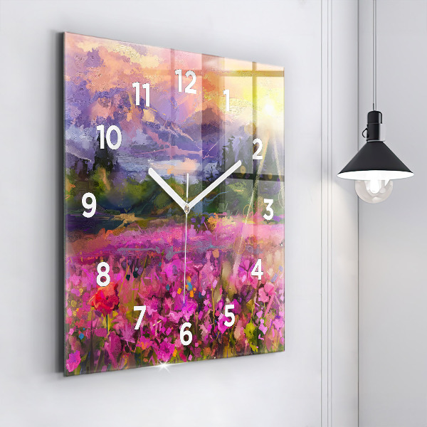 Square glass wall clock Landscape of nature and flowers