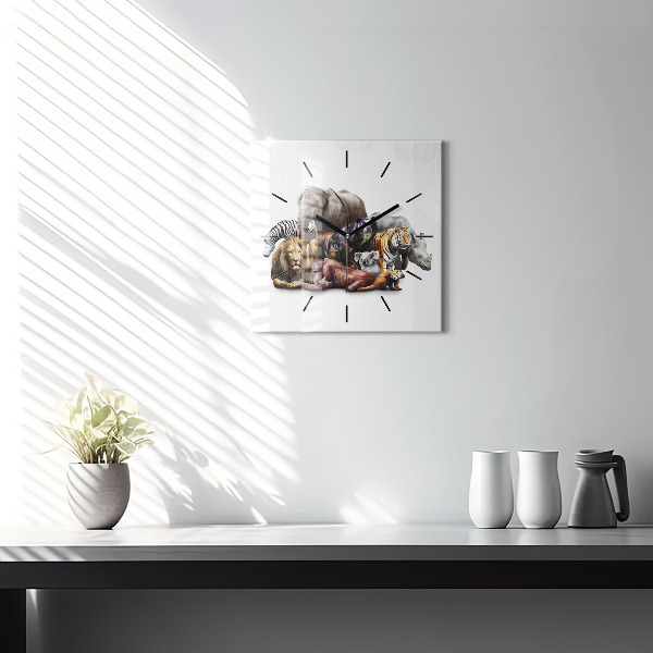 Square glass wall clock Wild animals