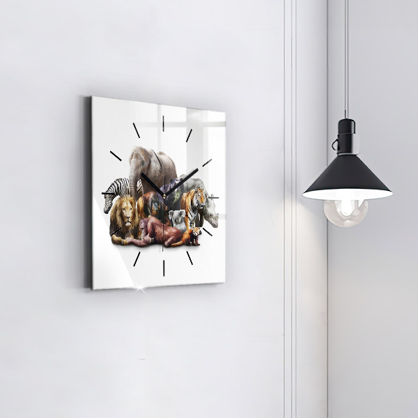 Square glass wall clock Wild animals