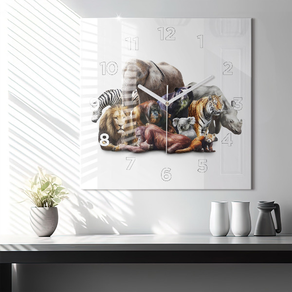 Square glass wall clock Wild animals