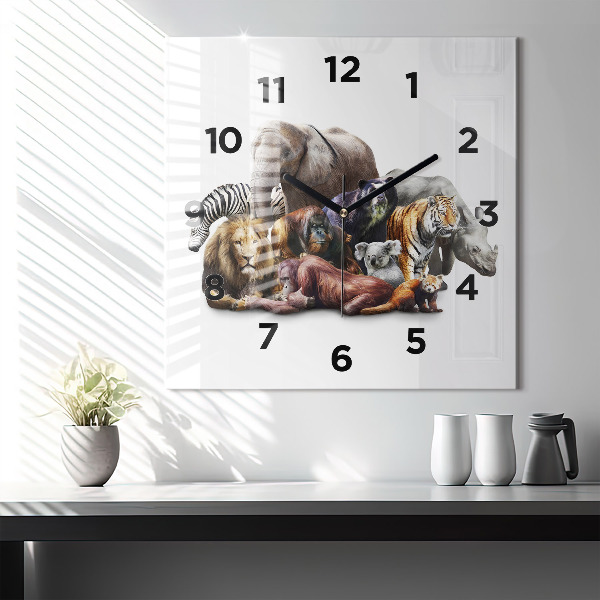 Square glass wall clock Wild animals
