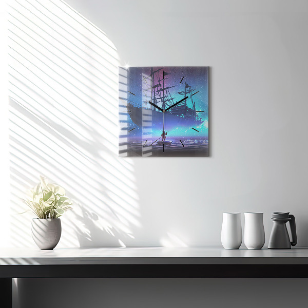 Square glass wall clock Fantasy sailing ship