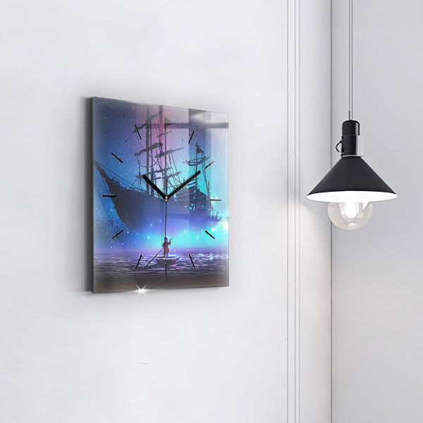 Square glass wall clock Fantasy sailing ship
