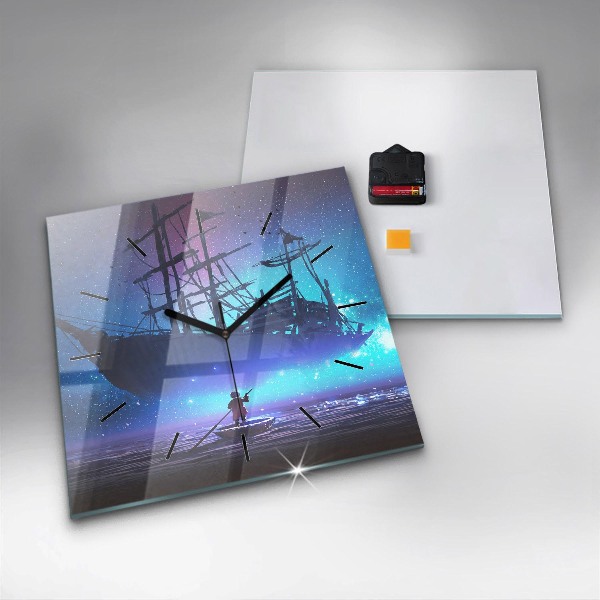 Square glass wall clock Fantasy sailing ship