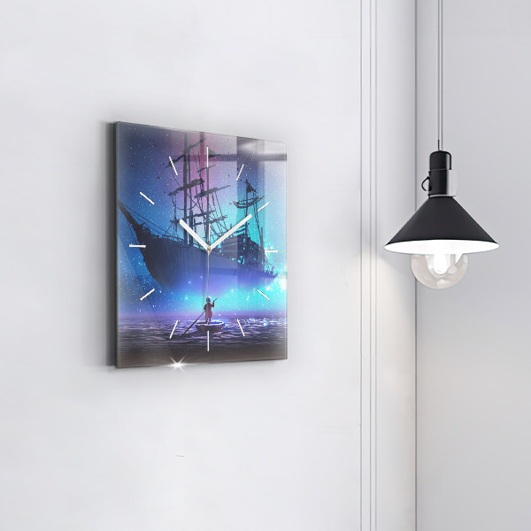 Square glass wall clock Fantasy sailing ship