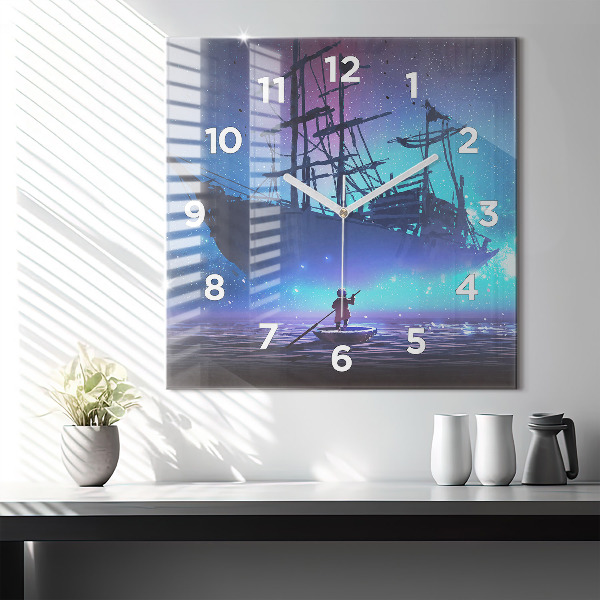 Square glass wall clock Fantasy sailing ship