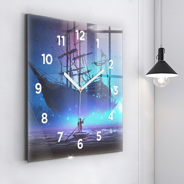 Square glass wall clock Fantasy sailing ship