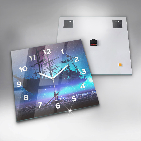 Square glass wall clock Fantasy sailing ship