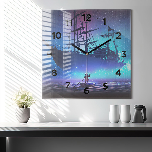 Square glass wall clock Fantasy sailing ship