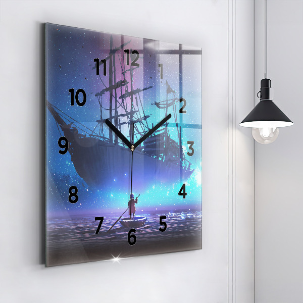 Square glass wall clock Fantasy sailing ship