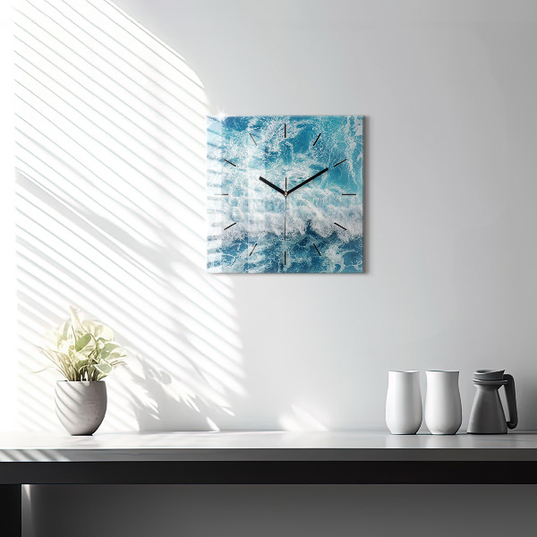 Square glass wall clock Sea waves