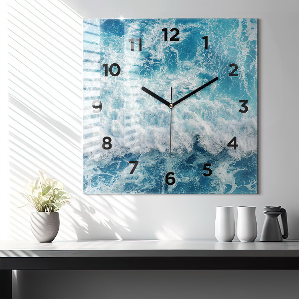Square glass wall clock Sea waves