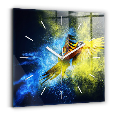 Square glass wall clock Colorful parrot