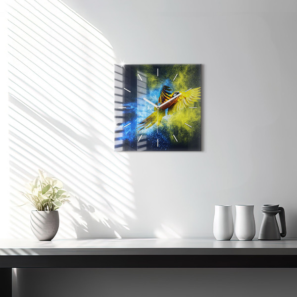 Square glass wall clock Colorful parrot