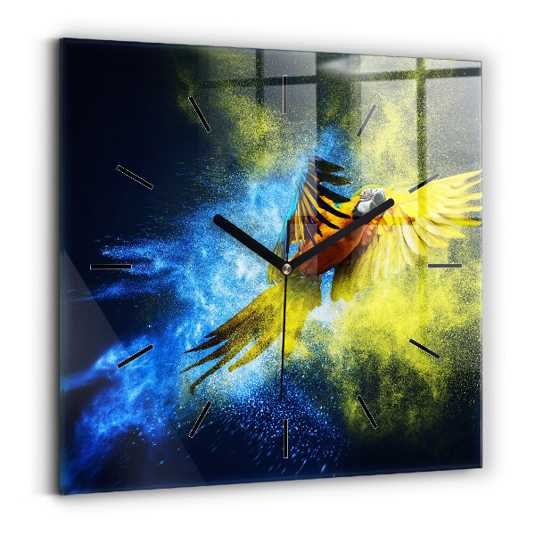 Square glass wall clock Colorful parrot