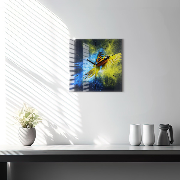 Square glass wall clock Colorful parrot