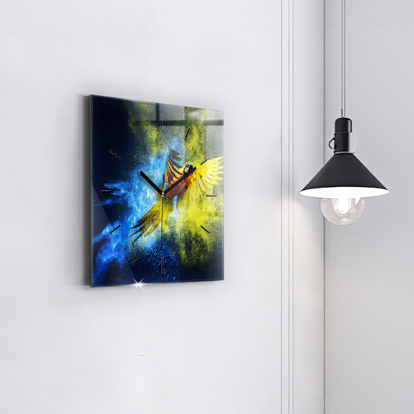 Square glass wall clock Colorful parrot