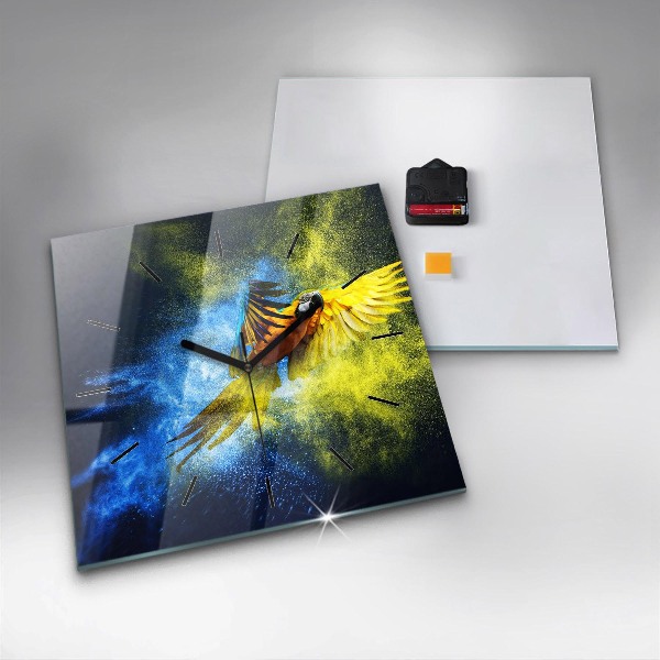 Square glass wall clock Colorful parrot