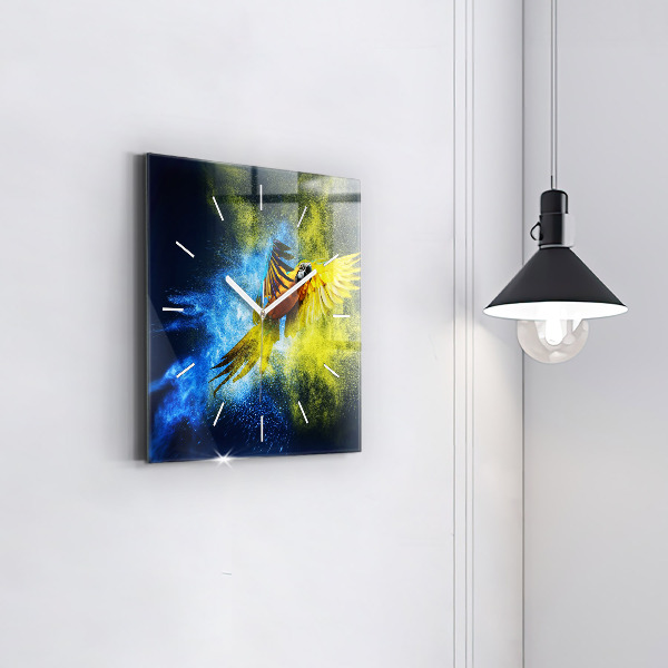 Square glass wall clock Colorful parrot
