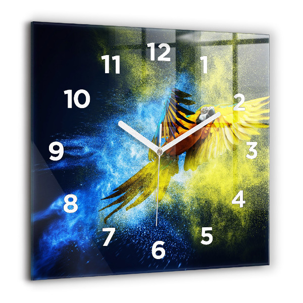 Square glass wall clock Colorful parrot