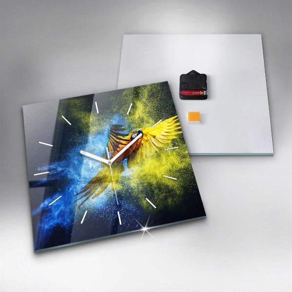 Square glass wall clock Colorful parrot