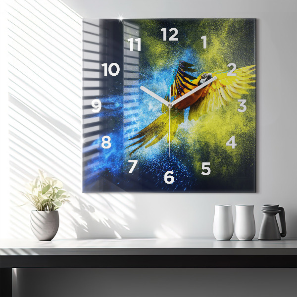 Square glass wall clock Colorful parrot