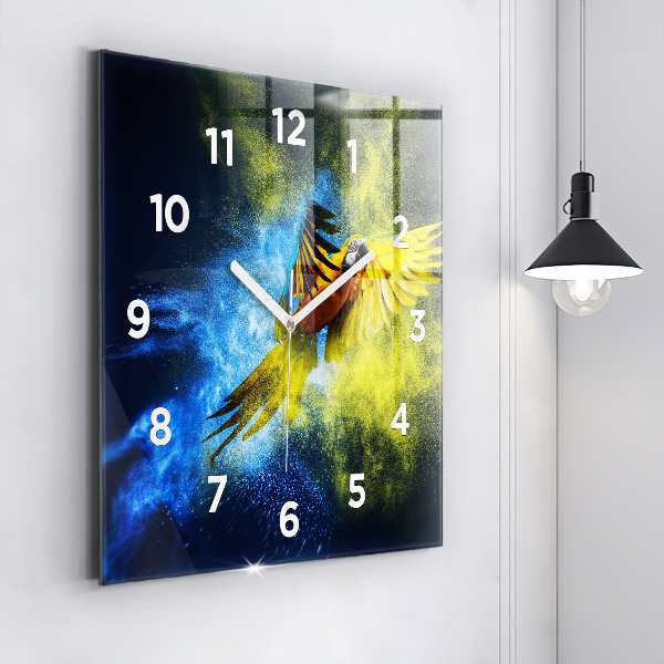 Square glass wall clock Colorful parrot