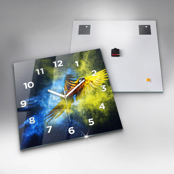 Square glass wall clock Colorful parrot