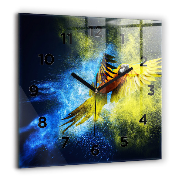 Square glass wall clock Colorful parrot