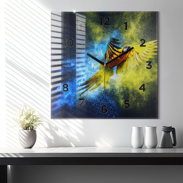 Square glass wall clock Colorful parrot