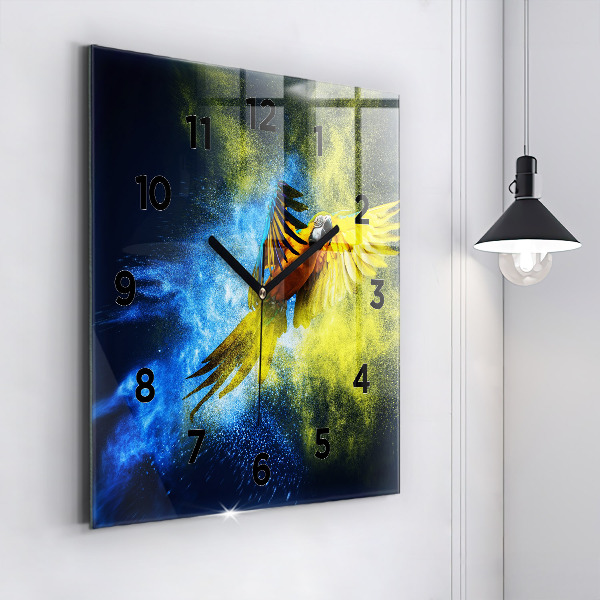 Square glass wall clock Colorful parrot