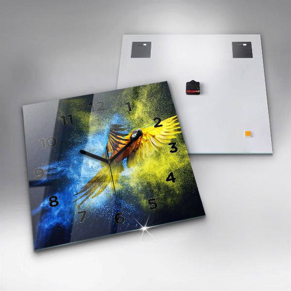 Square glass wall clock Colorful parrot