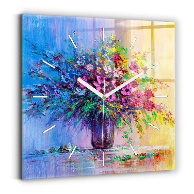 Square glass wall clock Flowers in a vase