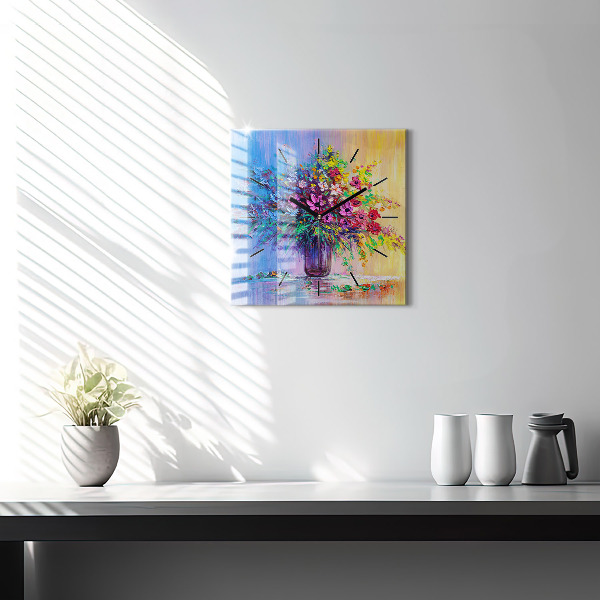 Square glass wall clock Flowers in a vase
