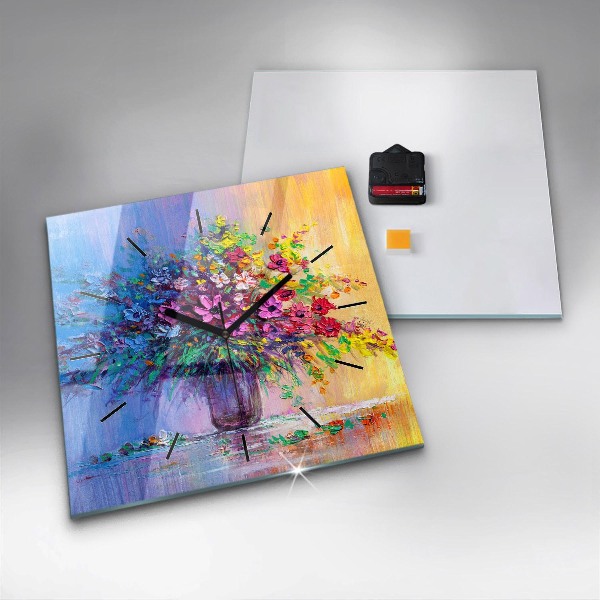 Square glass wall clock Flowers in a vase