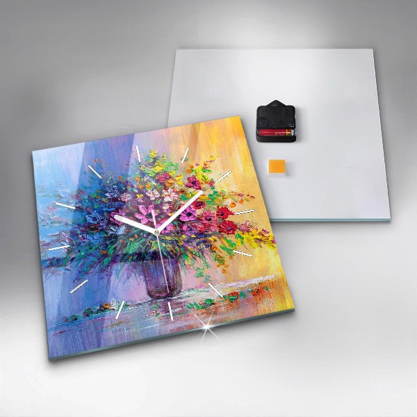 Square glass wall clock Flowers in a vase