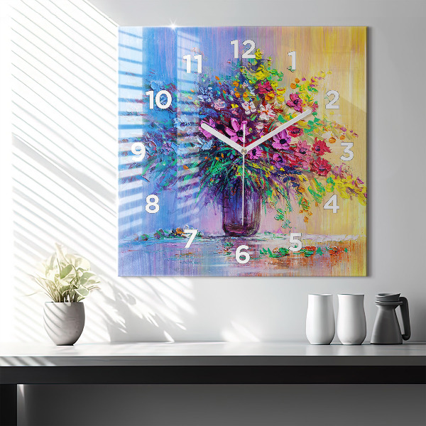 Square glass wall clock Flowers in a vase