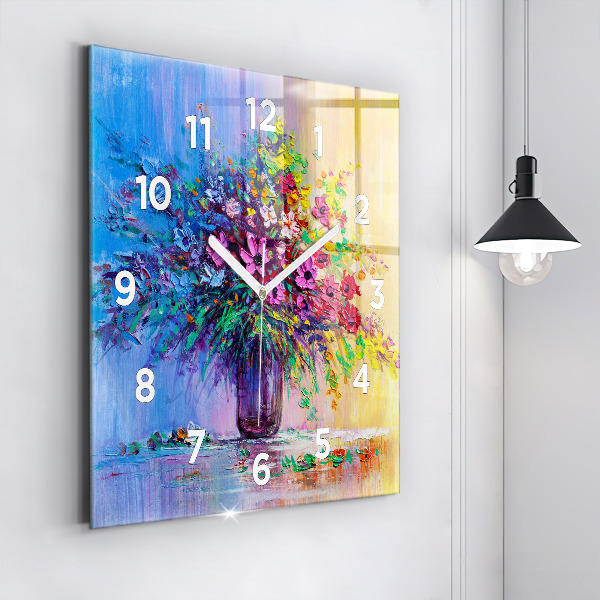Square glass wall clock Flowers in a vase